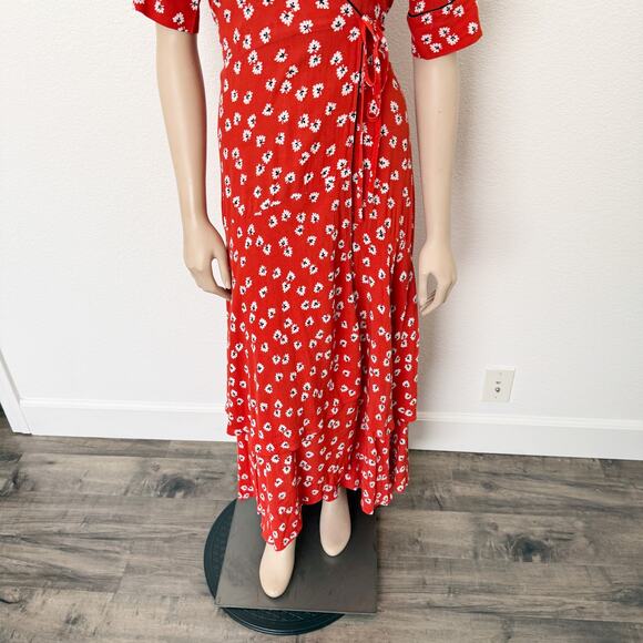 [Ganni] Silvery Crepe V-Neck Floral Print Wrap Red Apple Maxi Dress Size Large L - Picture 6 of 14
